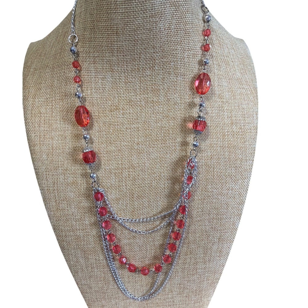 Unbranded Red Beaded Silver Tone Multi Strand‎ Layered Statement Necklace